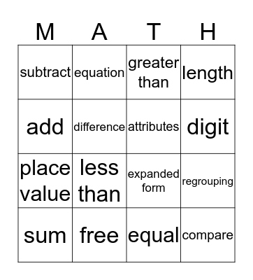 Math Vocabulary Bingo Card