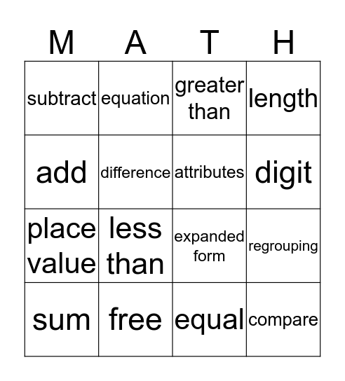 Math Vocabulary Bingo Card