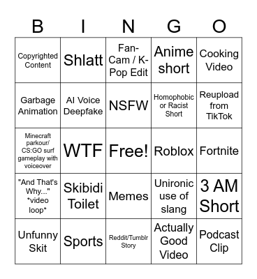 YouTube Shorts Bingo Card