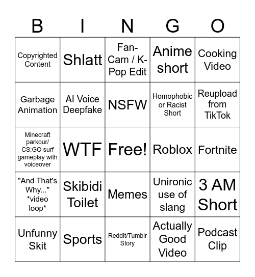 YouTube Shorts Bingo Card