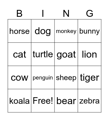 animals Bingo Card