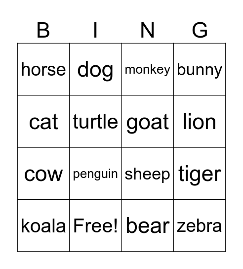 animals Bingo Card