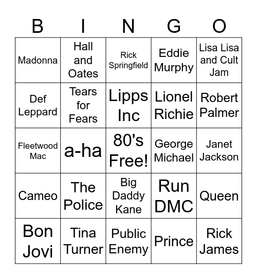 80's Songs Bingo Card