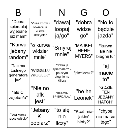 Dead by Daylight Bingo Card