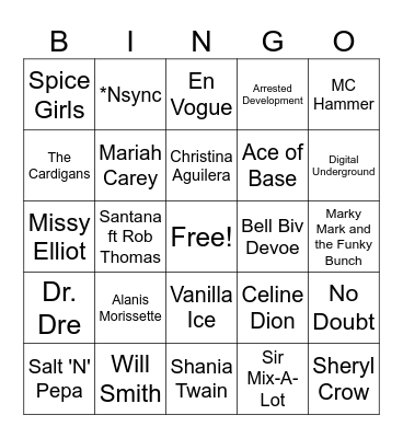 90's Artist Bingo Card