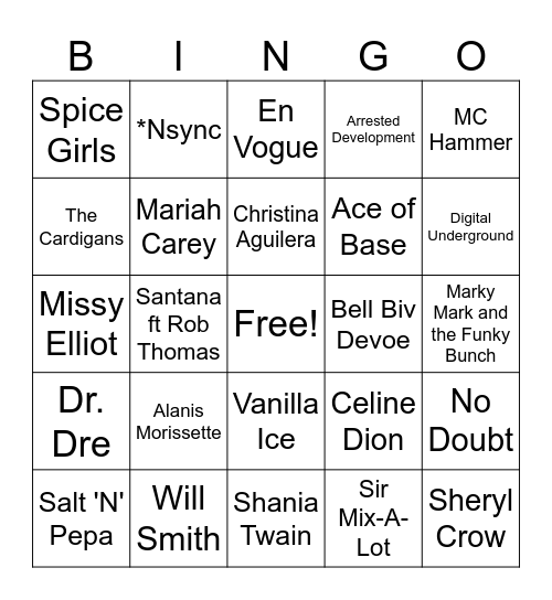 90's Artist Bingo Card