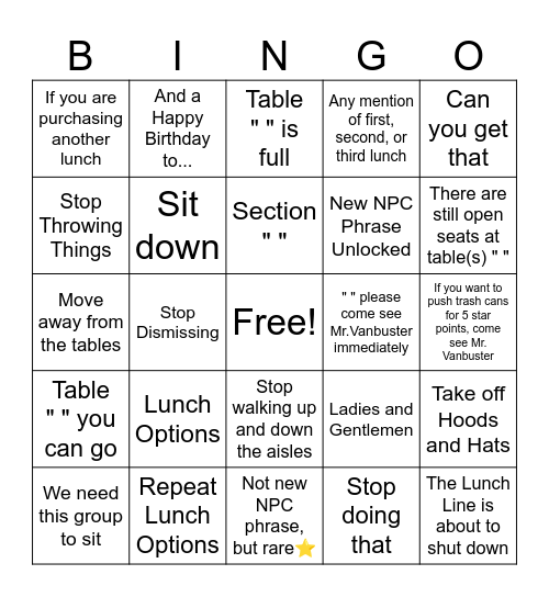 Mr. Vanbuster Bingo Card