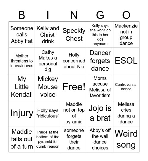 Dance Moms Bingo Card