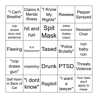 Body Cam Bingo Card