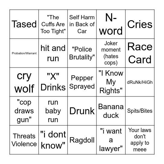 Body Cam Bingo Card