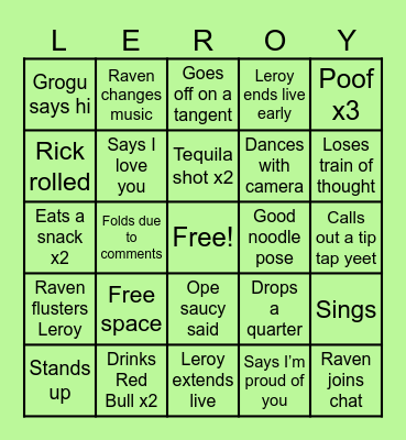 Leroy’s Live Bingo Card