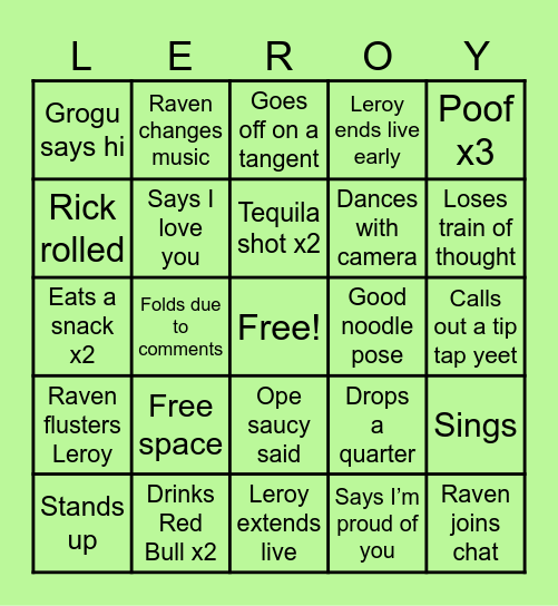 Leroy’s Live Bingo Card