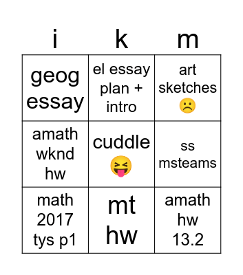 weekend hw Bingo Card