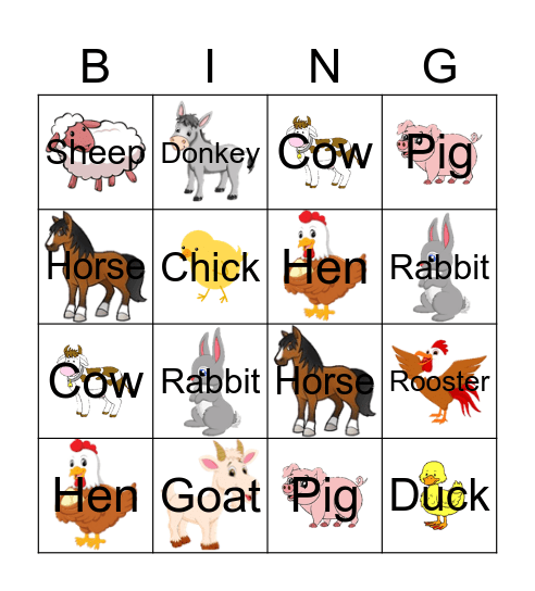 Farm Animals Bingo Card