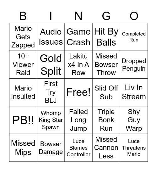 Luce Plays SM64 Bingo Card
