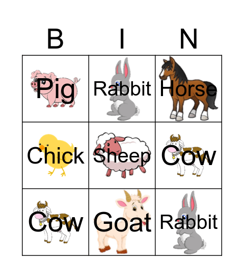 Farm Animals Bingo Card