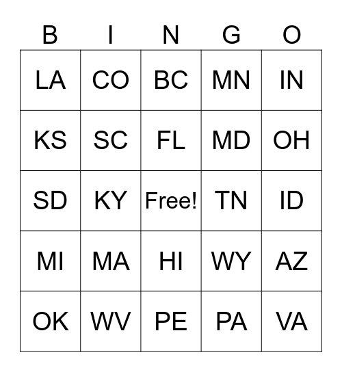 License Plate Game Bingo Card
