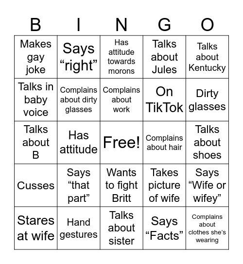 Your wife’s Bingo Card