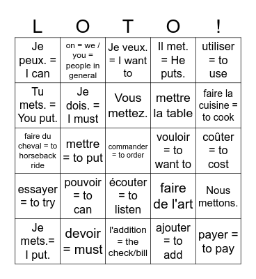 8 Mixed verbs Bingo Card