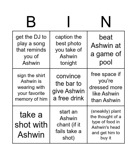 Ashwin's Birthday Bingo Card