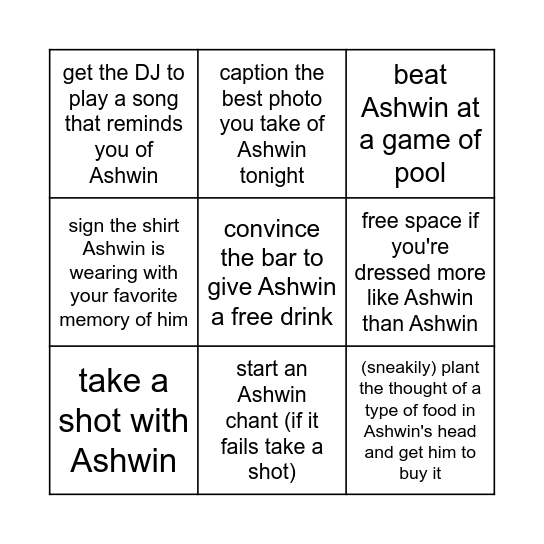 Ashwin's Birthday Bingo Card
