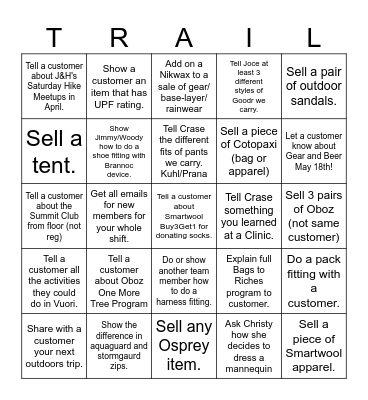 Trails for Trees Bingo Card