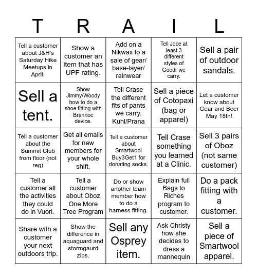 Trails for Trees Bingo Card