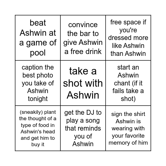 Ashwin Birthday Bingo Card
