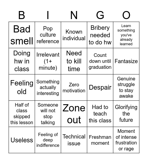 Senioritis Bingo Card