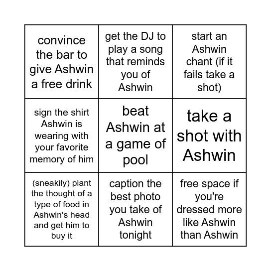 Ashwin's Bday Bingo Card