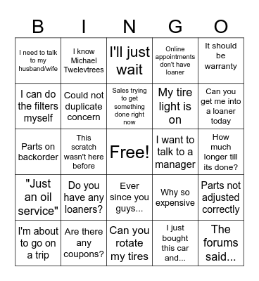 Service Advisor Bingo Card