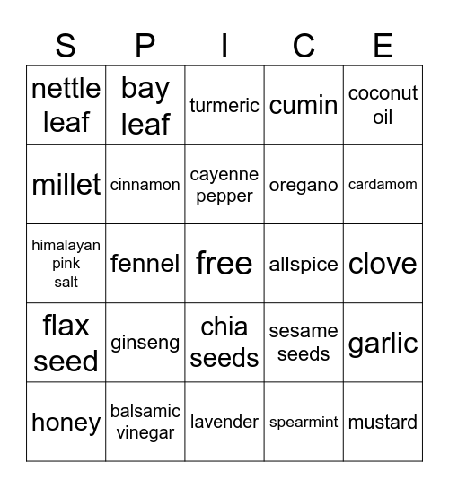 SPICE BINGO Card