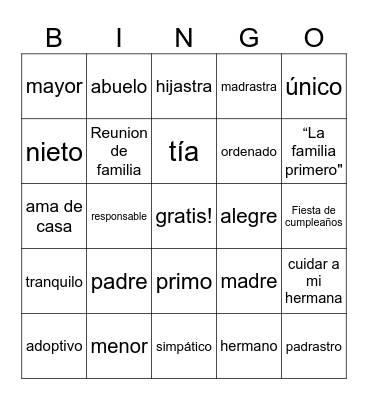 la familia Bingo Card