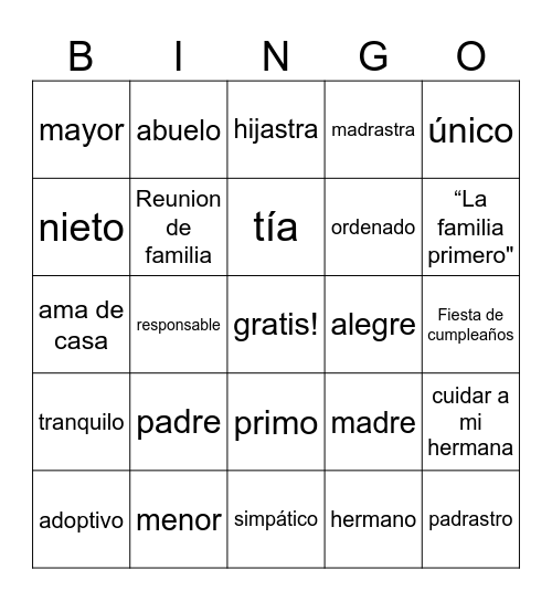 la familia Bingo Card