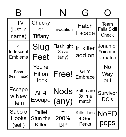 DbD Bingo Card