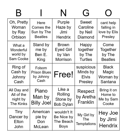 Songs Bingo Card