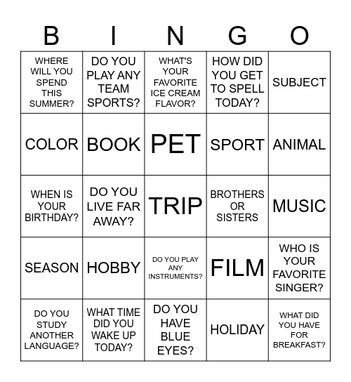 GETTING TO KNOW EACH OTHER Bingo Card