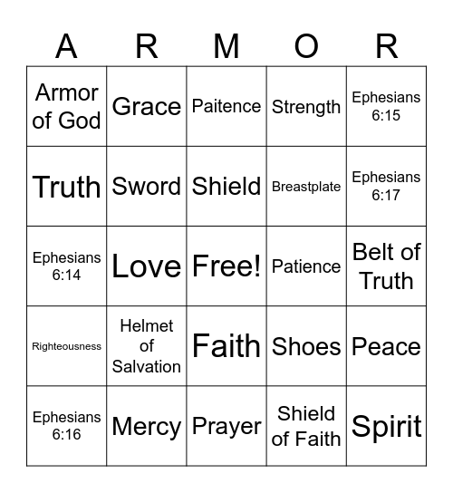 Armor of God Bingo Card