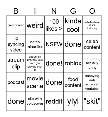 youtube shorts bingo Card