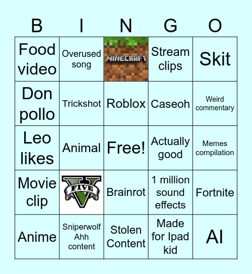 Youtube Shorts Bingo Card