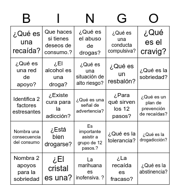 Prevención De Recaídas Bingo Card