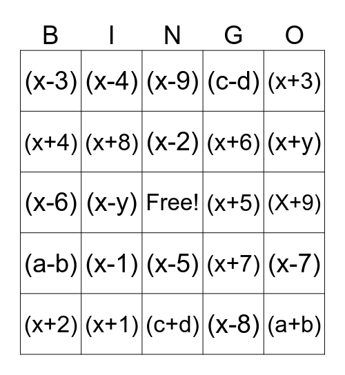 Factor Bingo Card