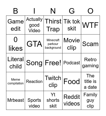 YouTube shorts Bingo Card