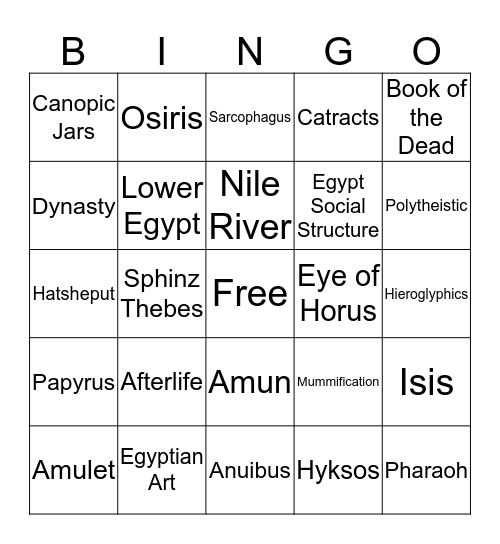 Egyptain Bingo Card