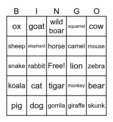 Animal Bingo Card