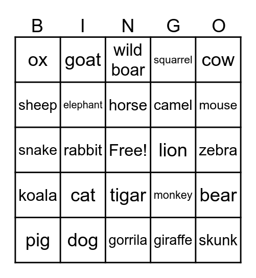 Animal Bingo Card