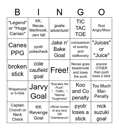 Canes vs Habs 03/30/24 Bingo Card