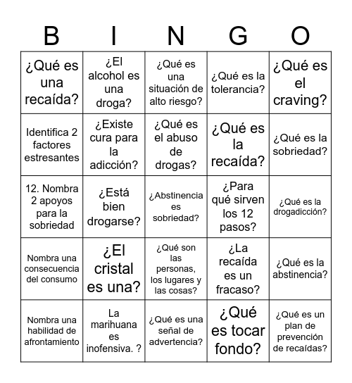 PREVENCIÓN DE RECAÍDAS Bingo Card