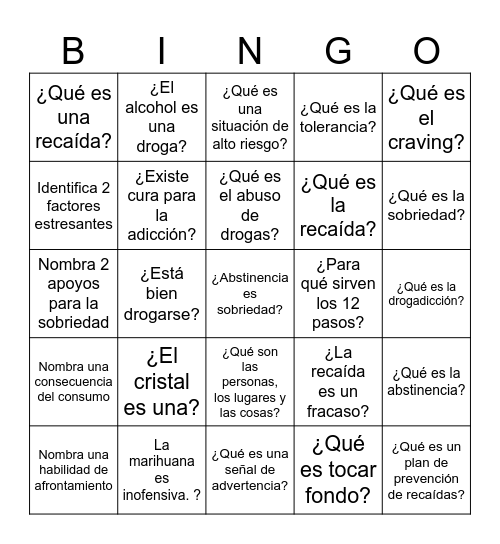 PREVENCIÓN DE RECAÍDAS Bingo Card