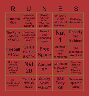 Apocalypse Nightmare Bingo Card